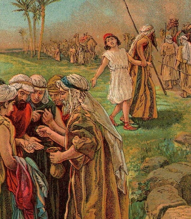 A painting of people in the field with a man holding a spear.