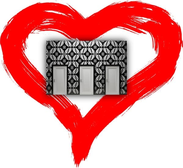 Here's an alt tag for the image: Three doors, love choice, heart background.