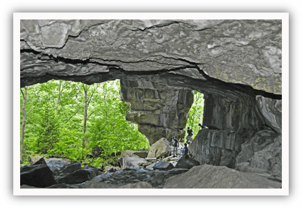 Cave opening with green forest view.