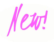 A pink new sign with the word " new !" written in it.