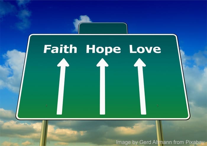 Here's an alt tag for the image: Faith, hope, love road sign.