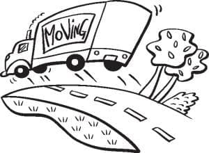 Here's an alt tag for the image: `Moving truck driving on a road`