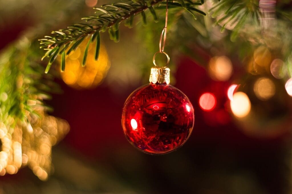 Red Christmas ornament on tree.