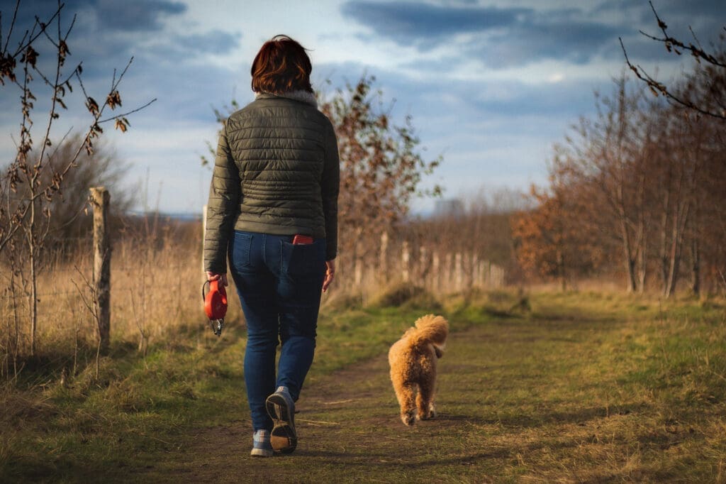 Woman walking dog on path.