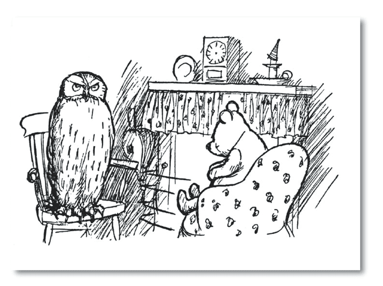 Owl and bear in cozy room illustration.